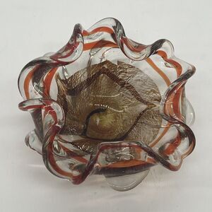 Vintage Murano Italy Art Glass Orange Gold  7" Ruffle Bowl